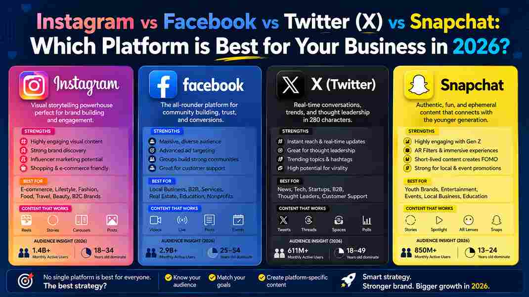 Instagram vs. Facebook vs. Twitter (X) vs. Snapchat: Which One is Best for Your Business in 2026?